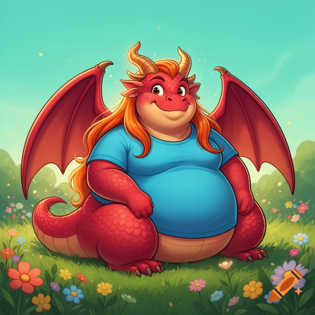 Cartoon illustration of a red female dragon with orange hair and a blue t-shirt sitting on a grassy meadow with flowers.