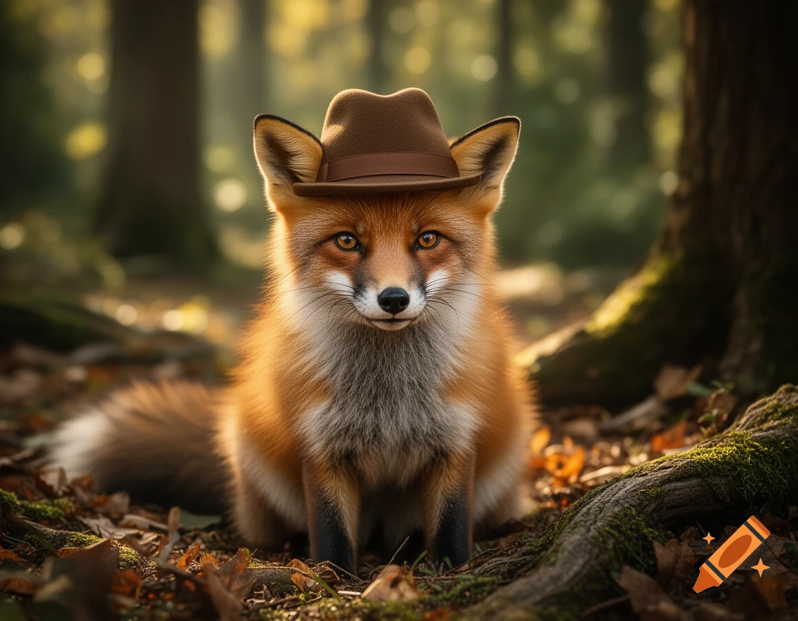 Photorealistic image of a cute red fox wearing a brown fedora hat, sitting in a sunlit forest among autumn leaves.