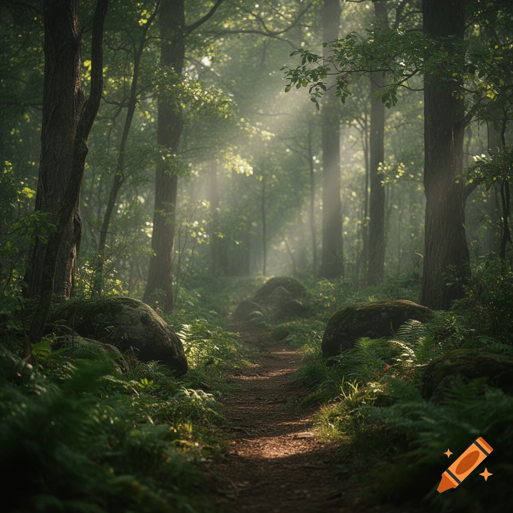 Photorealistic image of a peaceful forest pathway surrounded by tall trees, ferns, and sunbeams breaking through the canopy.