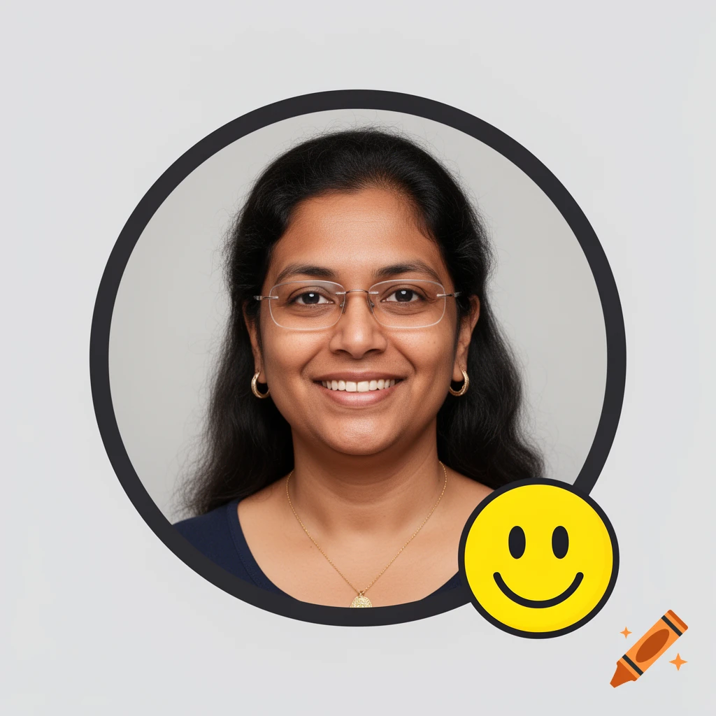 Circular photographic profile picture of a smiling South Asian woman with glasses and a yellow smiley-face badge overlapping the lower right.