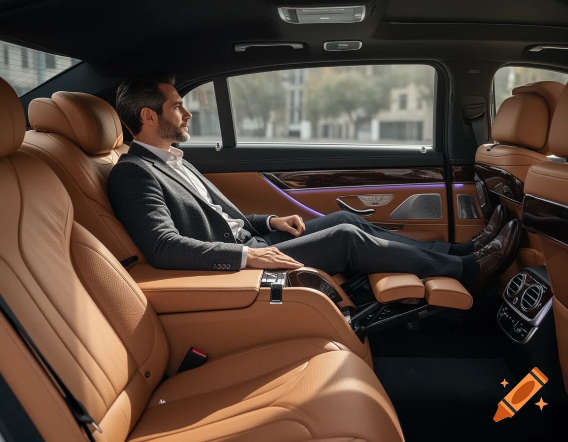 Photorealistic interior view of a luxury car with a businessman relaxing in the fully reclined rear seat.