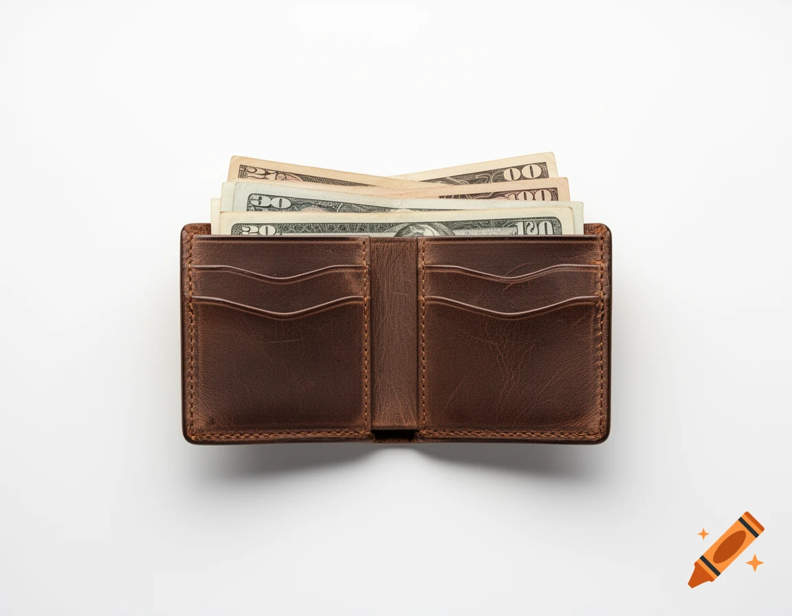 An open brown leather wallet filled with US dollar bills against a white background.