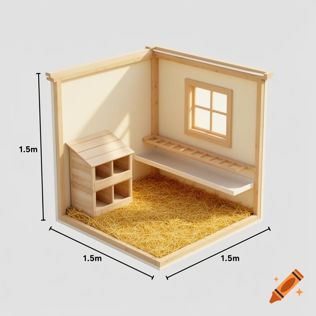 3D cutaway diagram of a wooden chicken coop with straw, nest boxes, and dimensions labeled 1.5m.