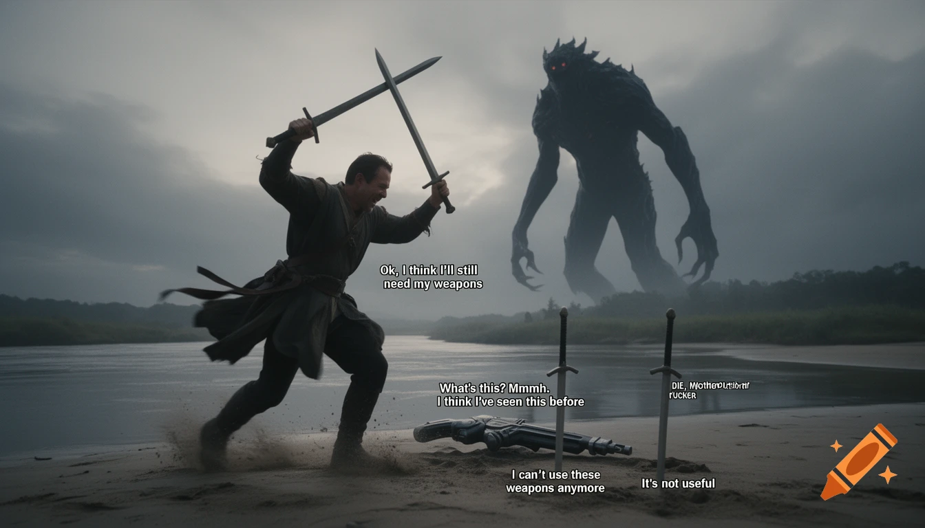 A man holding two swords runs on a beach toward a giant dark monster in the sky, with speech bubbles containing garbled text.