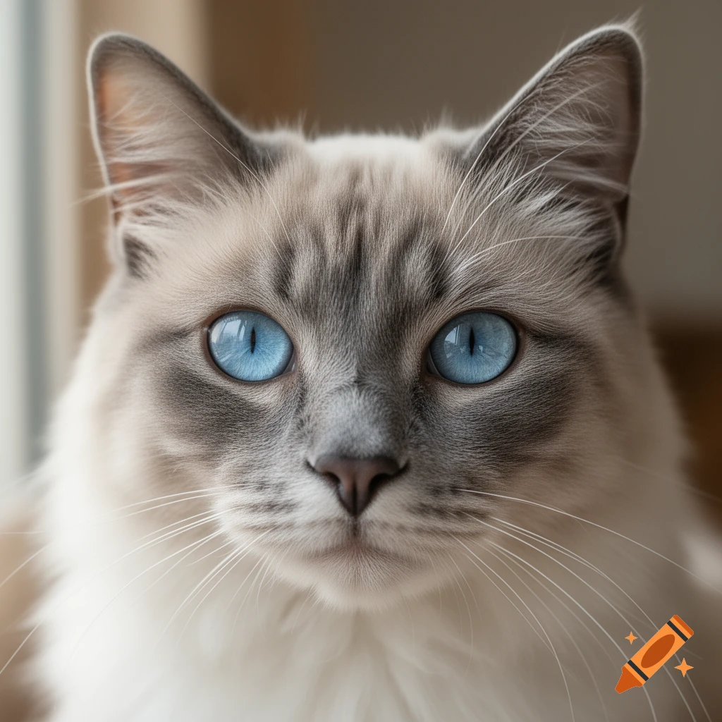 Close-up portrait of a ragdoll cat with striking blue eyes and gray points.