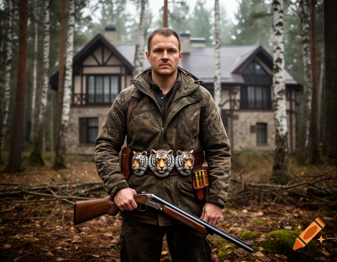 Photorealistic portrait of a strong man holding a shotgun, wearing a tiger-head belt, standing in front of a forest mansion.