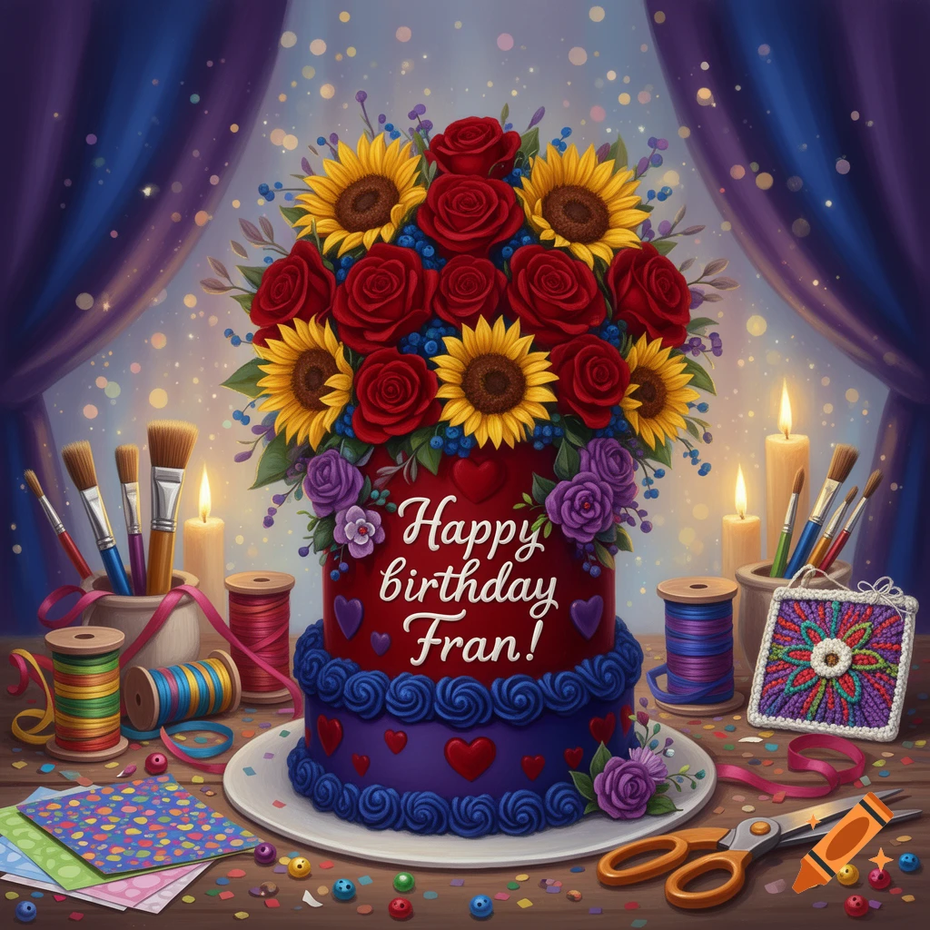 A decorated birthday cake with red and yellow flowers, surrounded by DIY crafting supplies like spools of thread and brushes.
