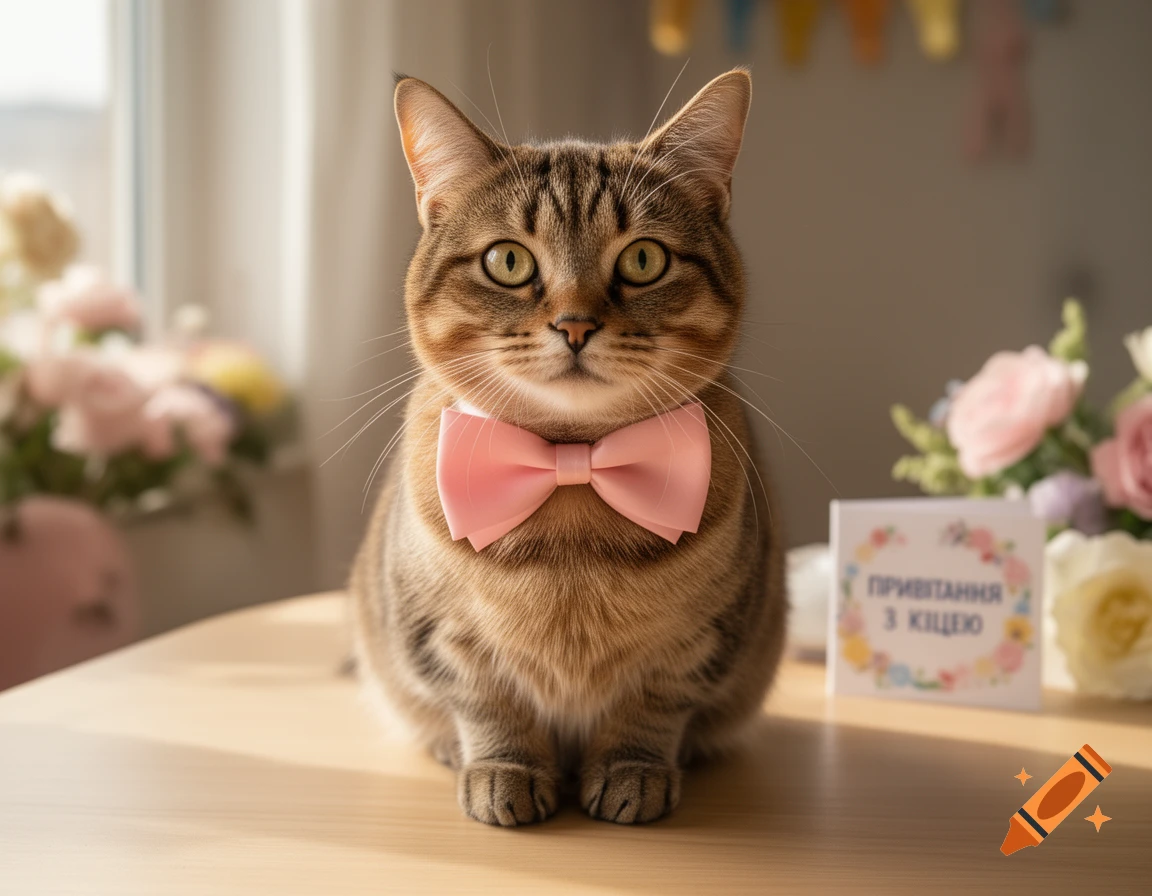 Photorealistic image of a tabby cat wearing a large pink bow sitting on a table next to flowers and a greeting card.