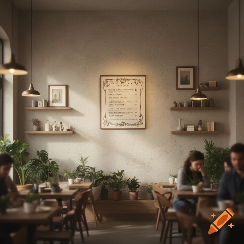 Photorealistic interior view of a cozy cafe with wooden tables, potted plants, and wall shelves.