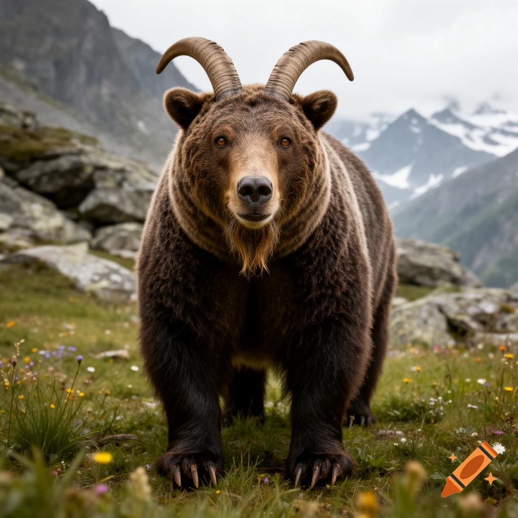 Photorealistic hybrid creature with the body of a brown bear and large horns of a goat, standing in a rocky alpine landscape.