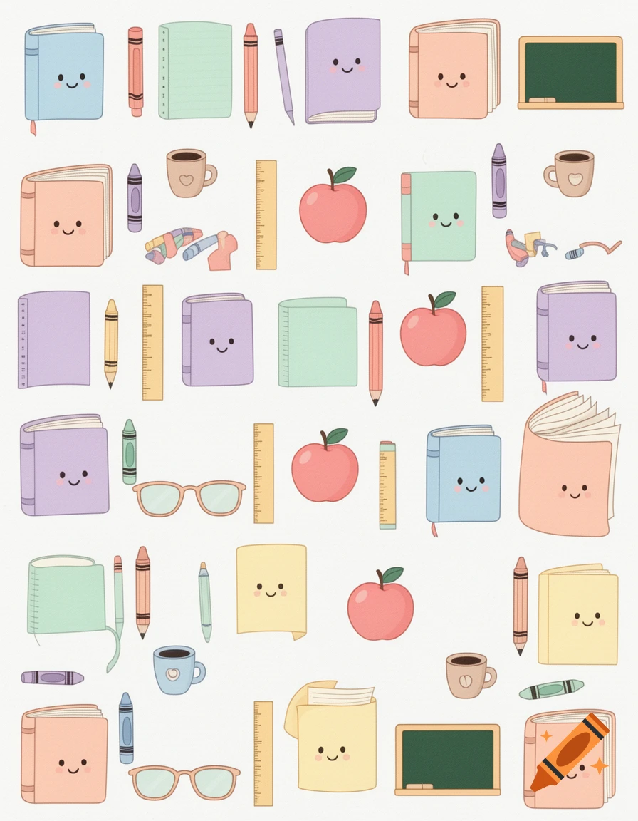 Repeating pastel pattern of cute school supplies including books, apples, rulers, and pencils in a clipart style.
