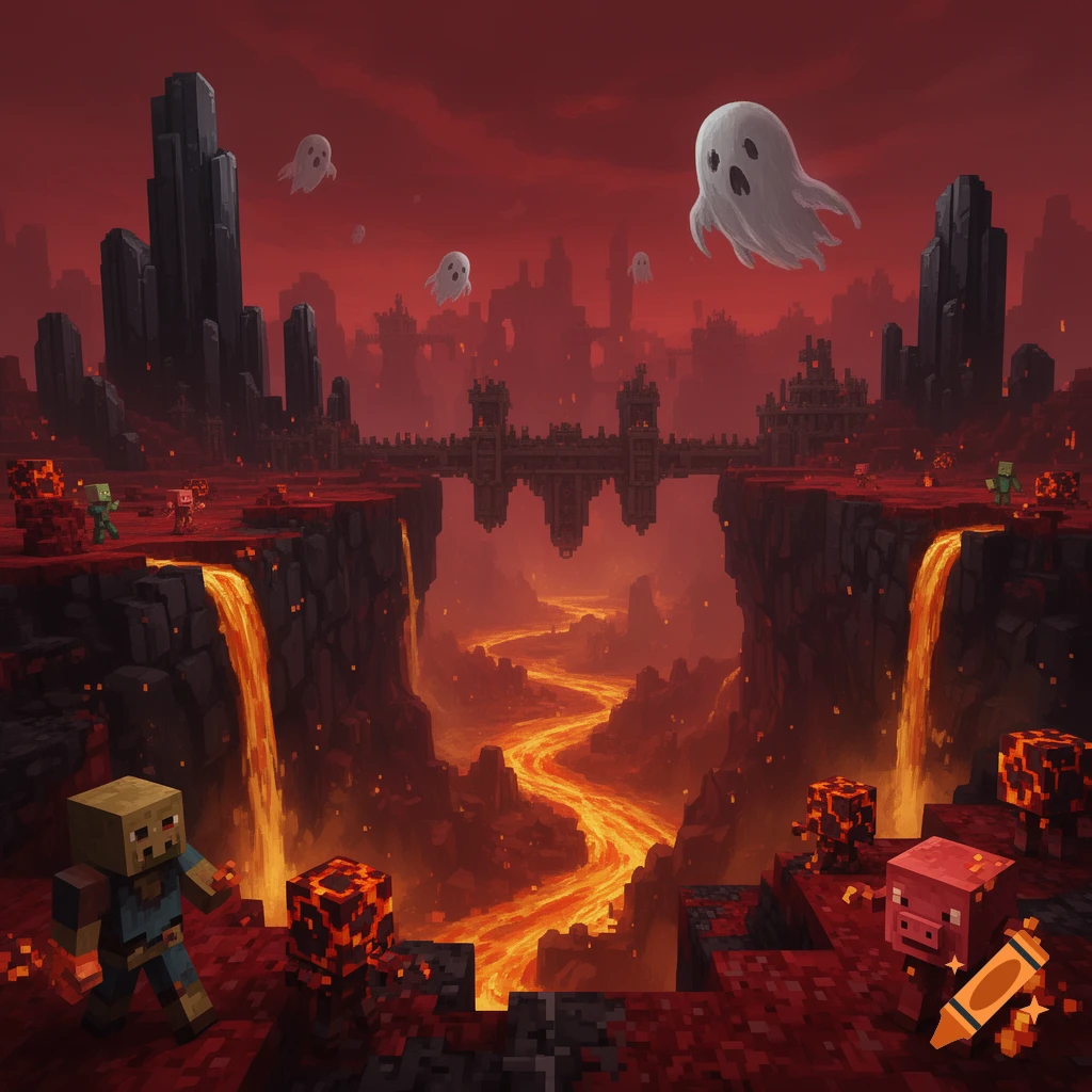 Digital illustration of the Minecraft Nether dimension, featuring lava falls, dark stone spires, ghost-like ghasts, and blocky creatures.