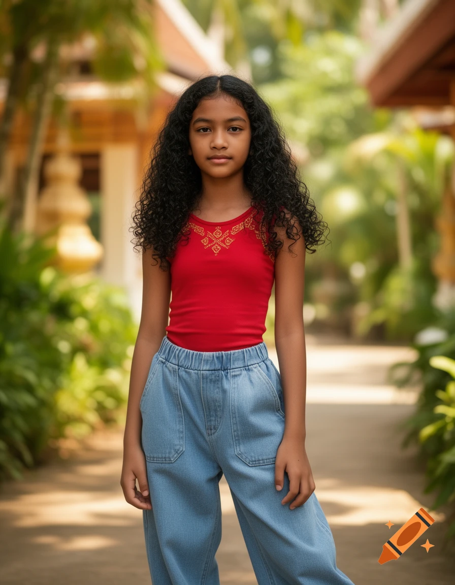Photorealistic portrait of a young girl with long curly dark hair, wearing a red tank top and light blue baggy jeans, standing outdoors.
