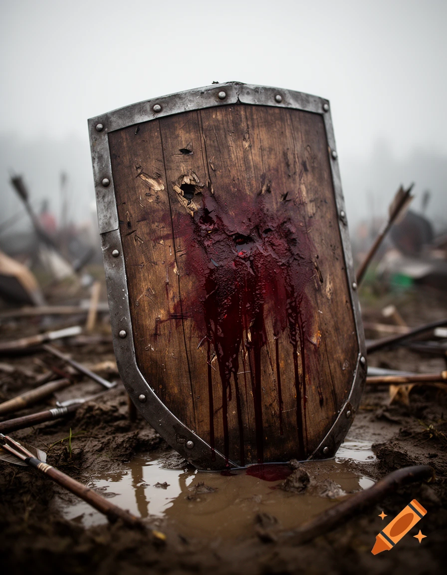 Photorealistic image of a wooden shield covered in blood stuck in the muddy ground of a battlefield.