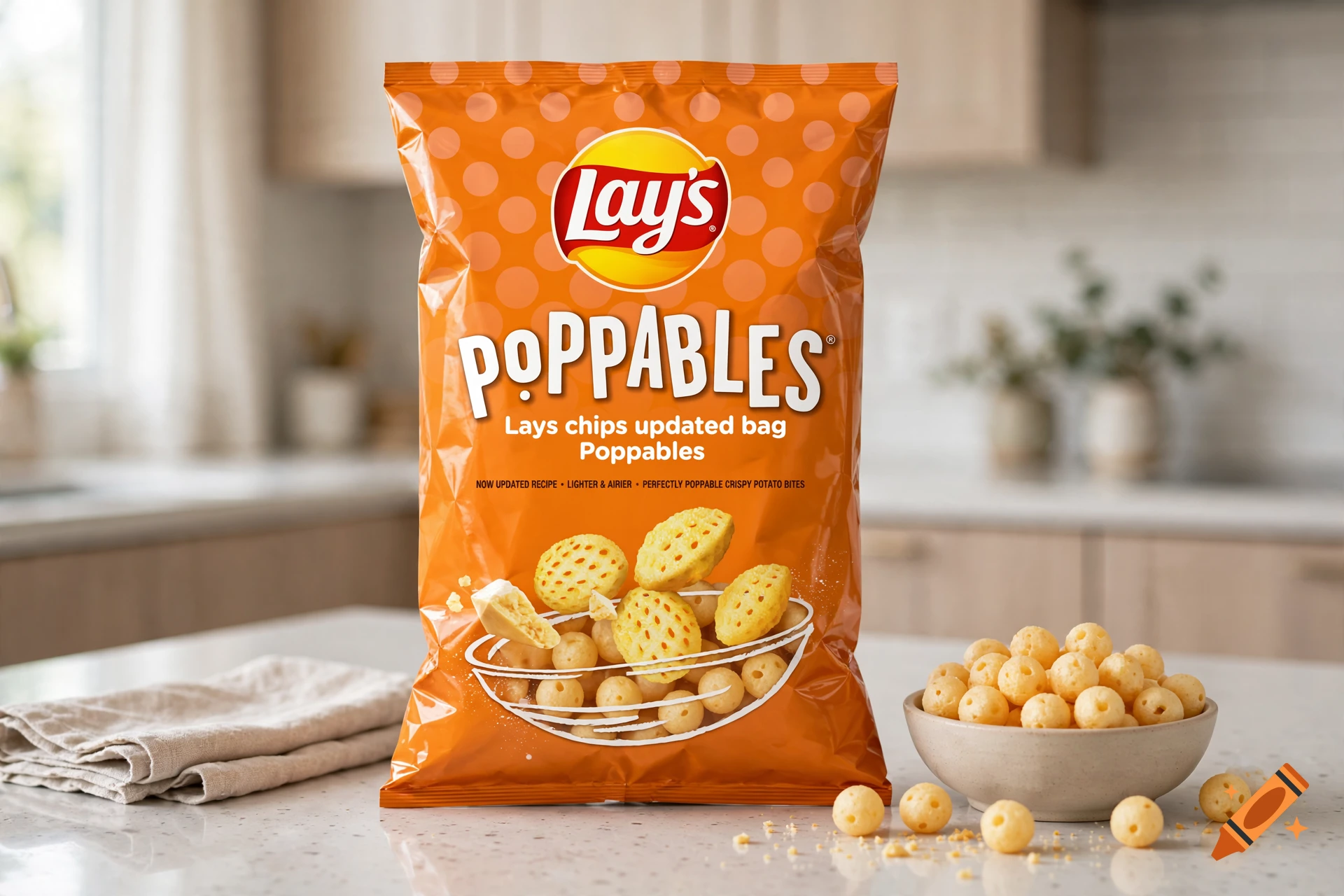 Photorealistic image of a Lay's Poppables chip bag and a bowl of crispy potato bites on a kitchen counter.