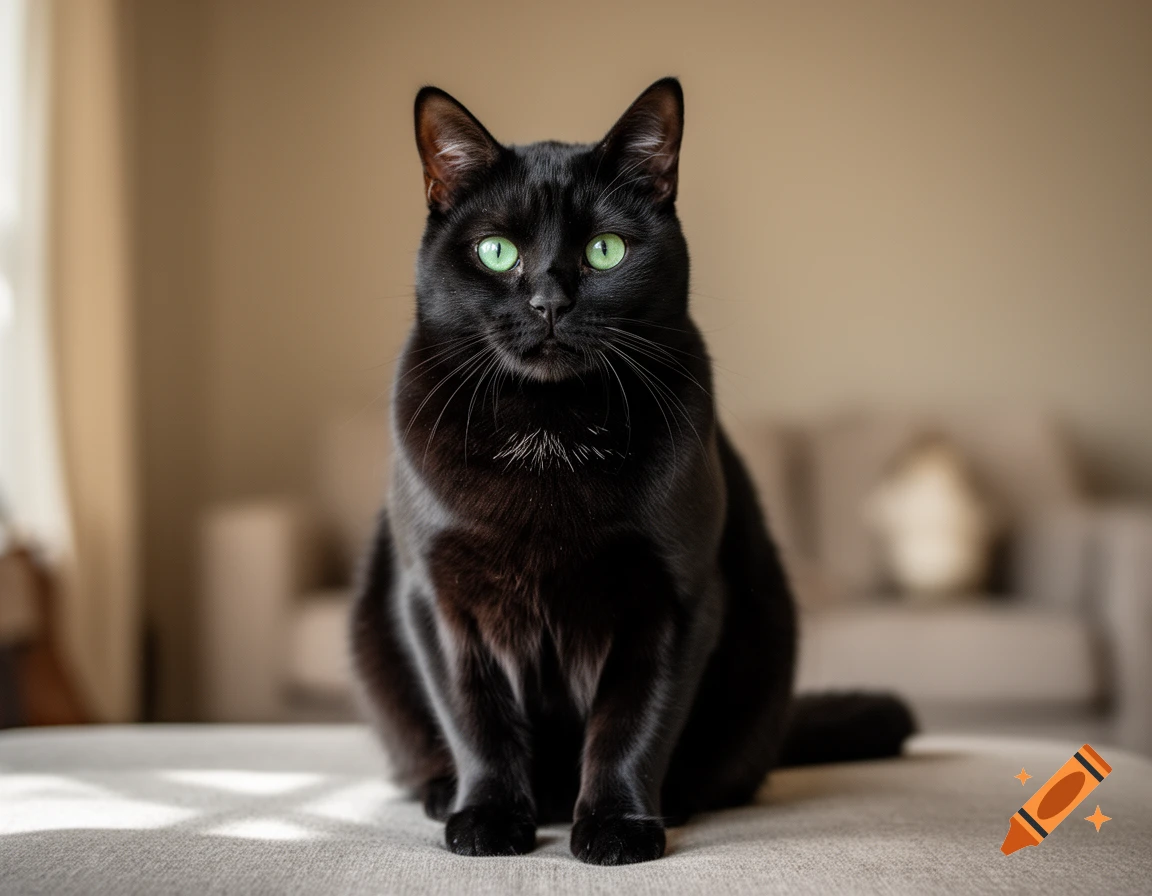 A photorealistic portrait of a sleek black cat with vibrant green eyes sitting on a light-colored surface in a softly blurred room.