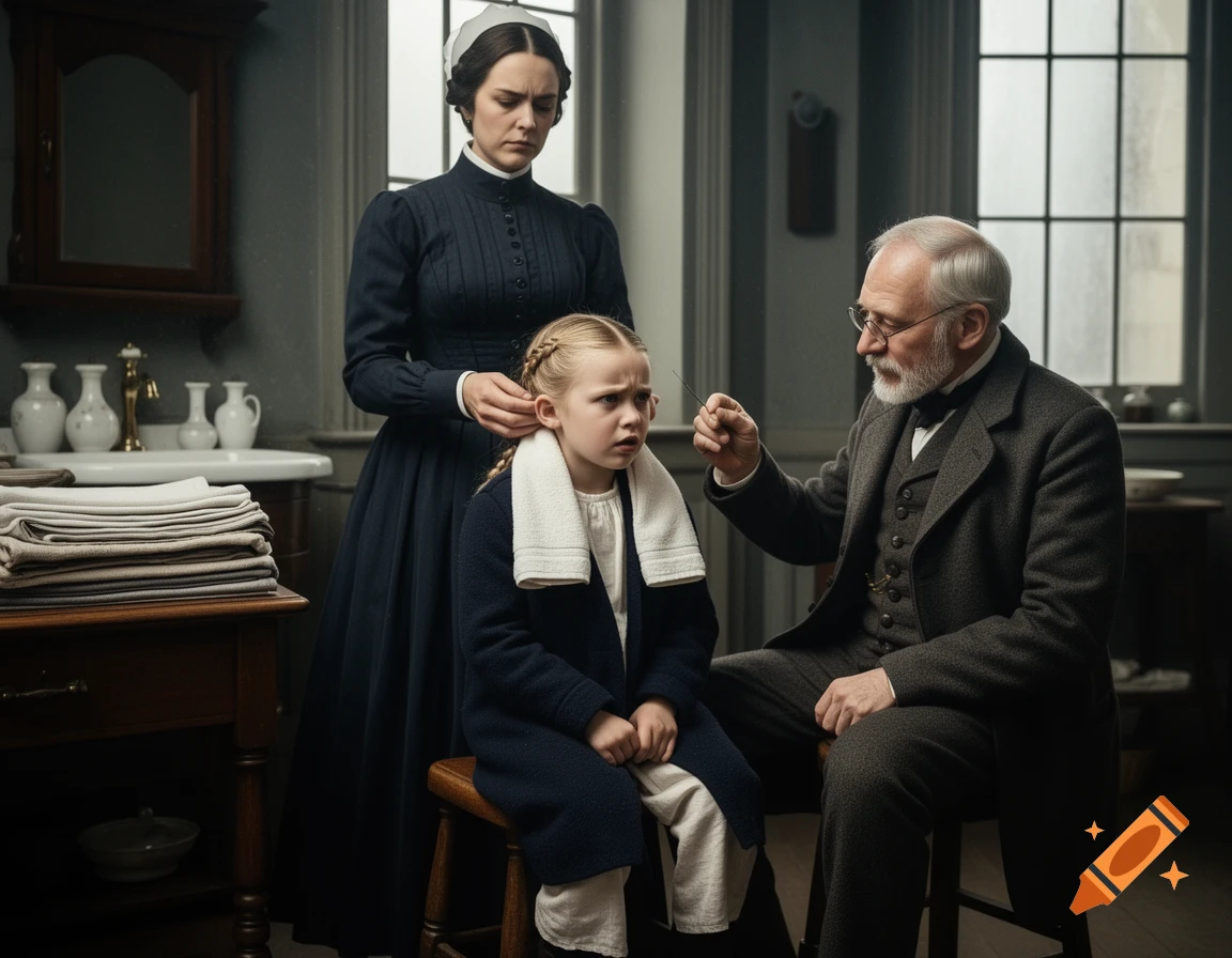 Victorian morning room scene with a strict nurse, a terrified young girl, and an apothecary with a needle, cinematic historical photo.