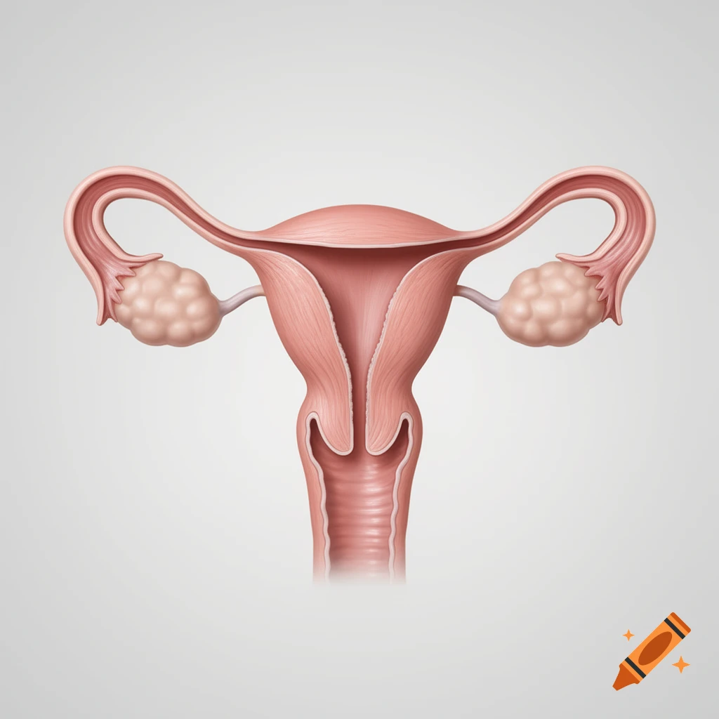 Digital illustration of a human female reproductive system including the uterus, ovaries, and fallopian tubes on a light gray background.