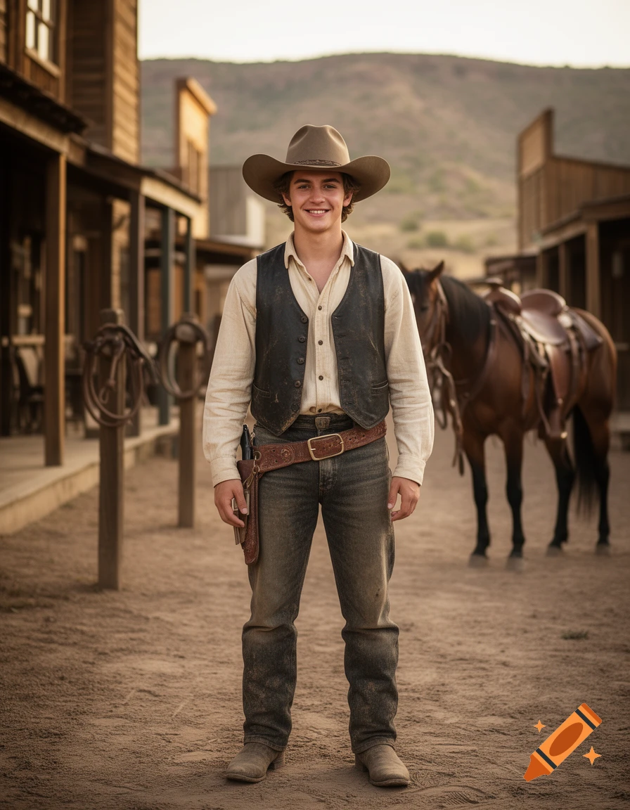 Photorealistic portrait of a young male cowboy in 1800s attire standing in a Western town street with a horse in the background.