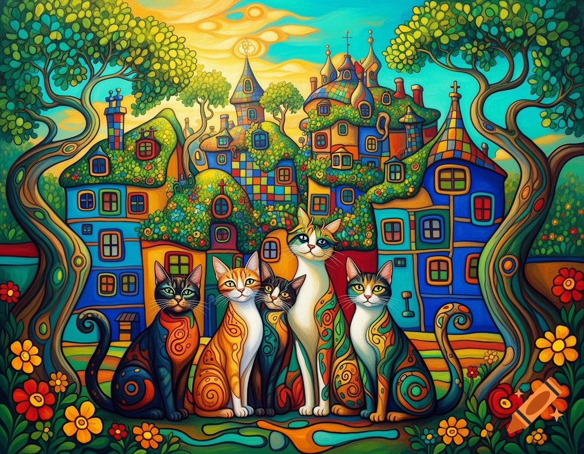 Colorful Hundertwasser-style painting of five patterned cats sitting in front of whimsical, colorful houses and trees.