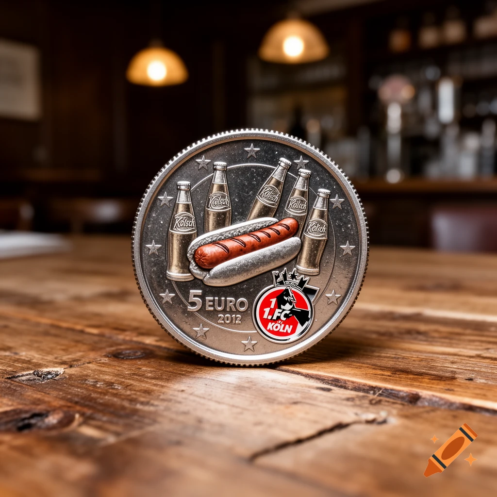 Photorealistic close-up of a fictional 5 Euro coin featuring a bratwurst, Kölsch bottles, and a soccer club logo on a wooden table.