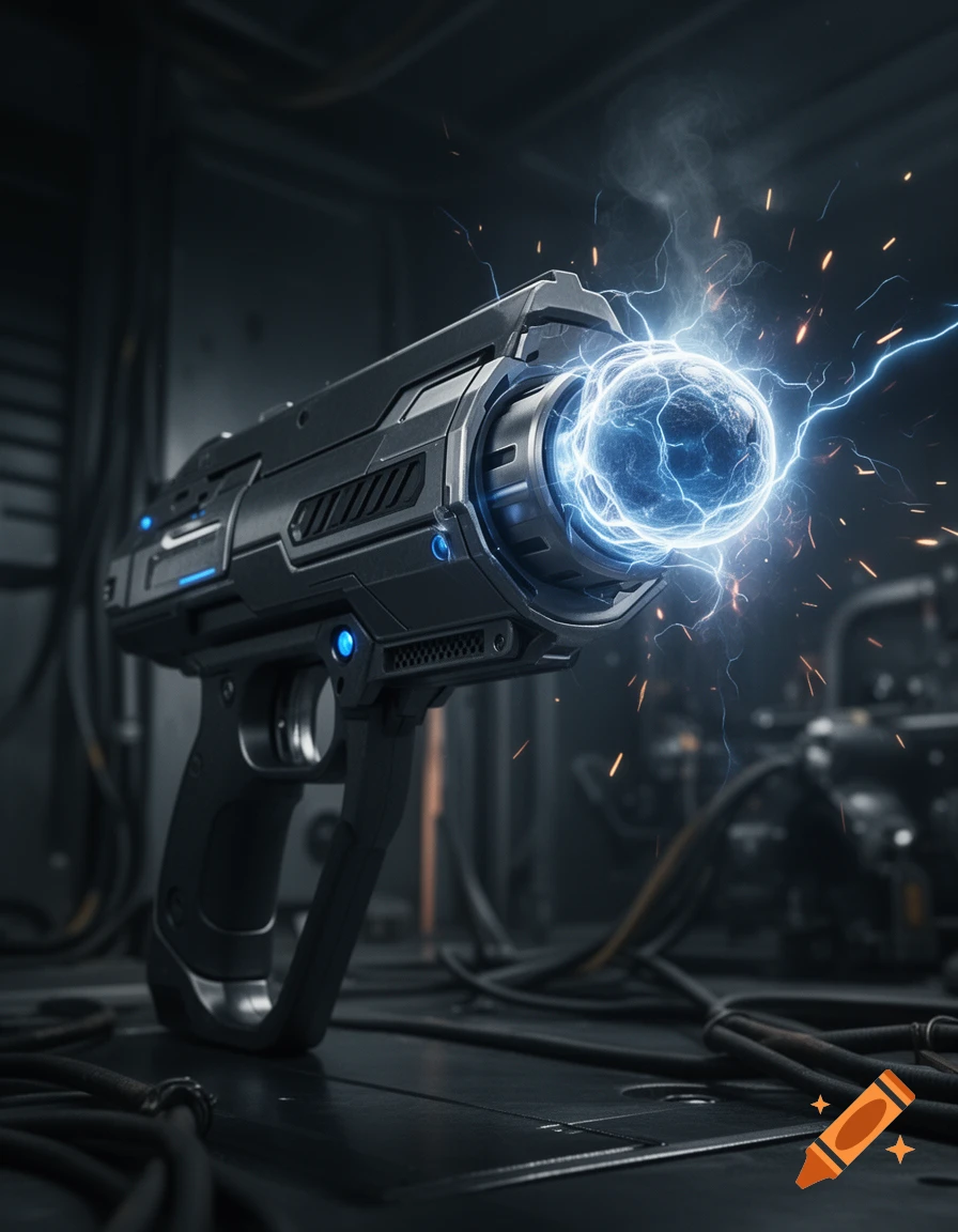 Photorealistic image of a futuristic sci-fi energy gun gathering electrical plasma at the barrel tip in a dark industrial setting.