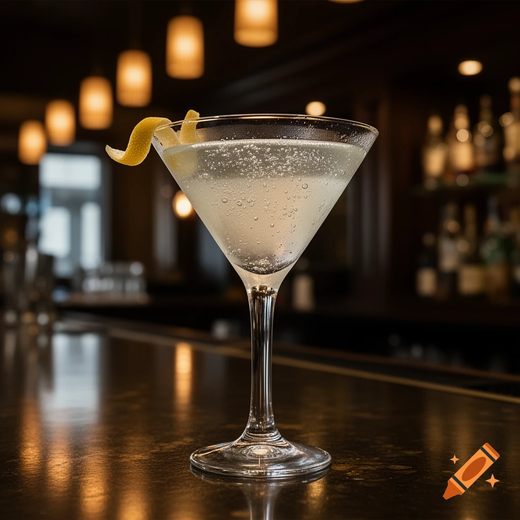 A photorealistic cocktail in a martini glass garnished with a lemon twist on a dark bar counter.