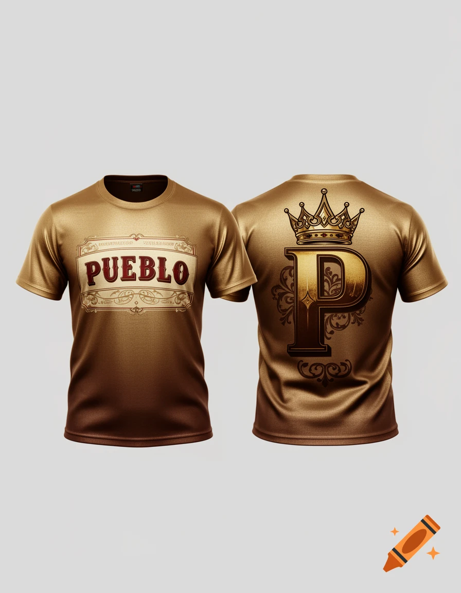 A gold-colored t-shirt mockup showing the front with 'PUEBLO' text and the back with a large letter 'P' under a crown.