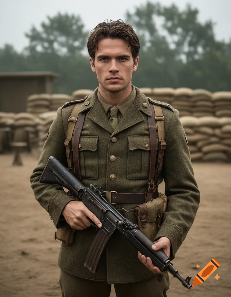 Photorealistic portrait of a young male soldier in a historical green uniform holding a rifle outdoors.