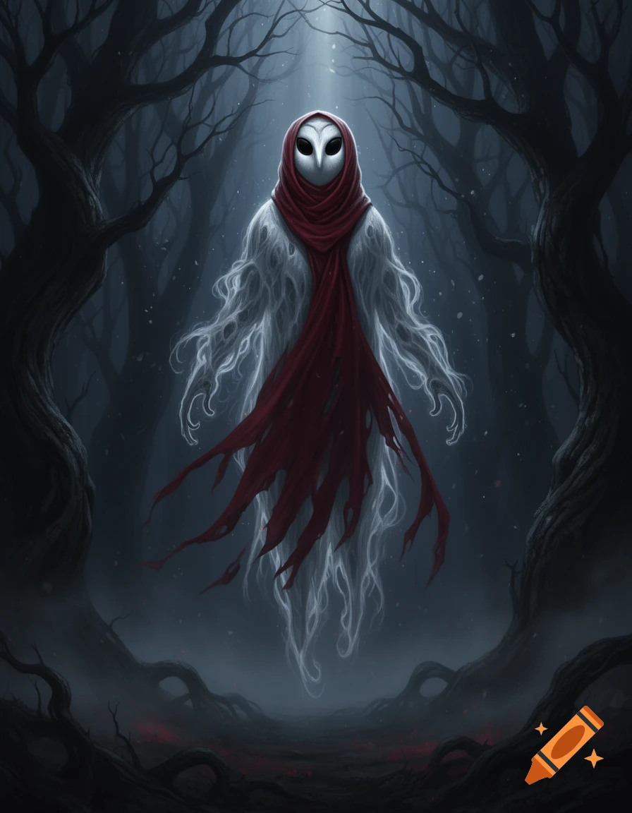 A supernatural ghost figure with a silver cloud-like body, large owl eyes, and a draped red cloth floating in a dark forest.