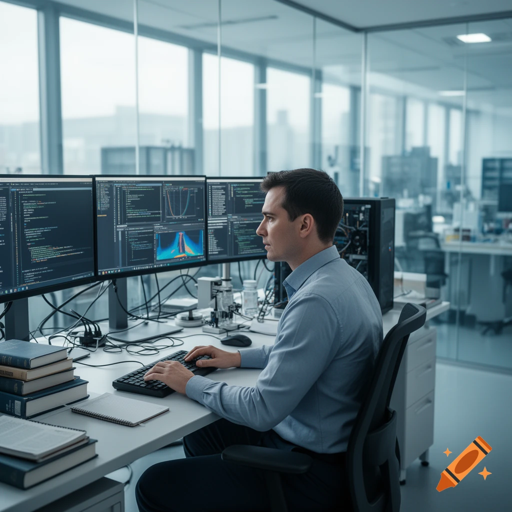 A photorealistic depiction of a computer scientist sitting at a desk with multiple monitors displaying code in a modern office.