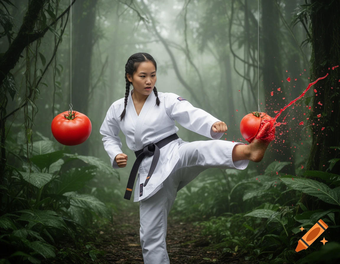 An Asian female karateka in a white gi and black belt performs a high kick, bursting a tomato in a misty rainforest.