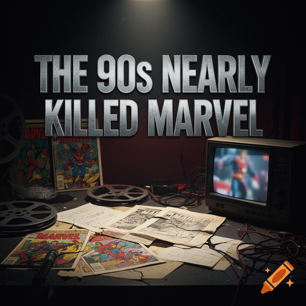 Dark desk setup with vintage comic books, film reels, an old television, and bold overlay text reading 'The 90s Nearly Killed Marvel'.