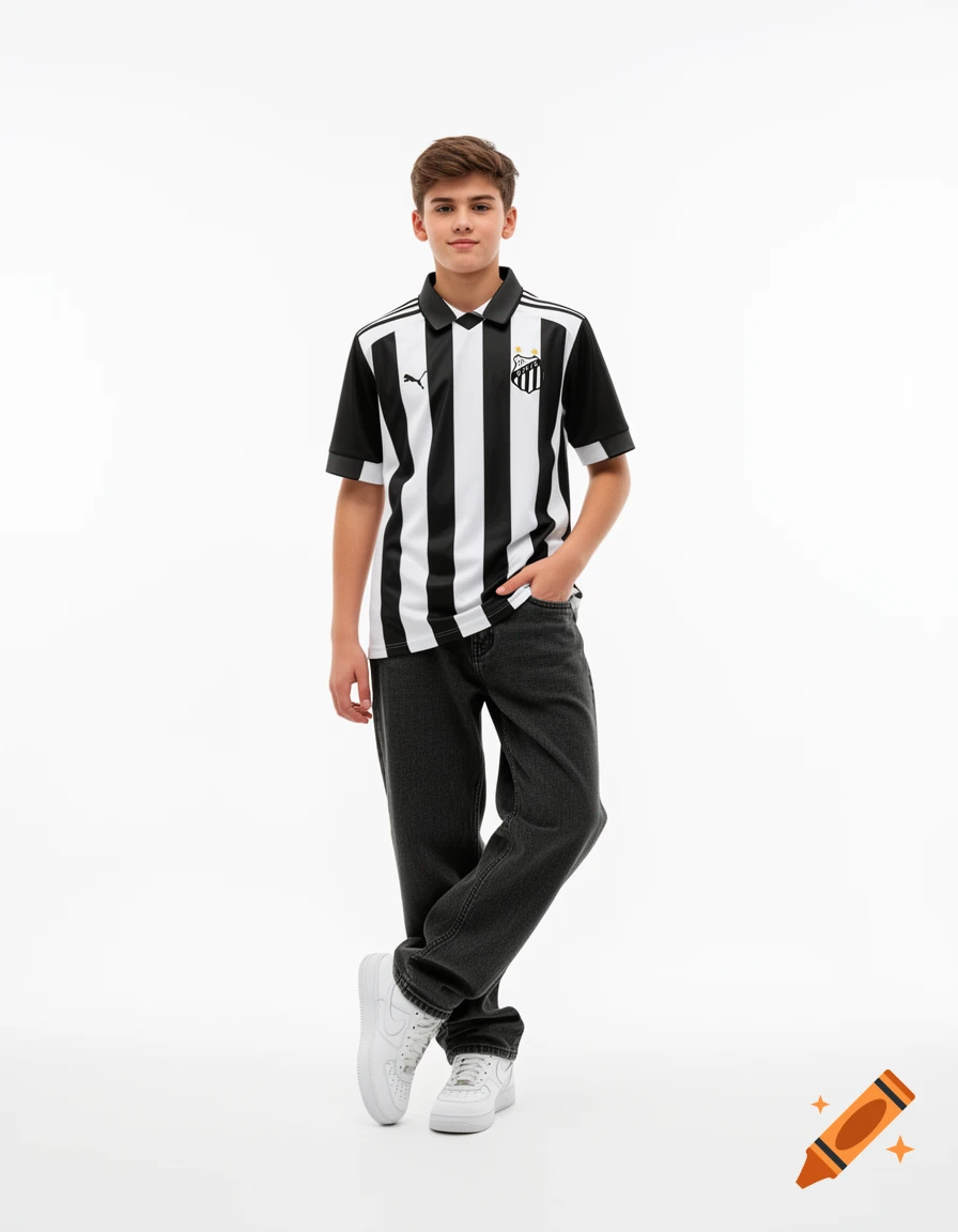 Full-body studio portrait of a teenage boy standing in a black and white striped jersey, baggy jeans, and white sneakers against a white background.