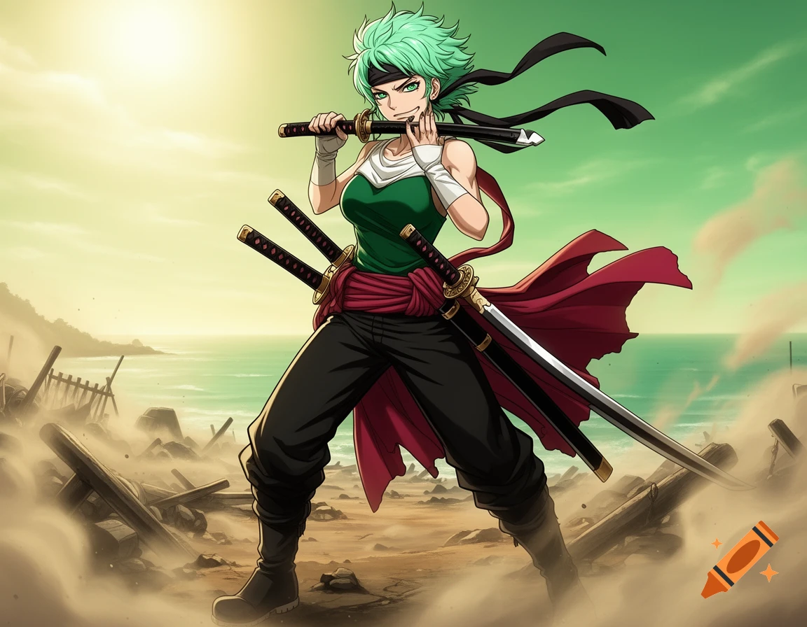 Anime illustration of a female swordsman with green hair holding katana in mouth on a beach with debris.