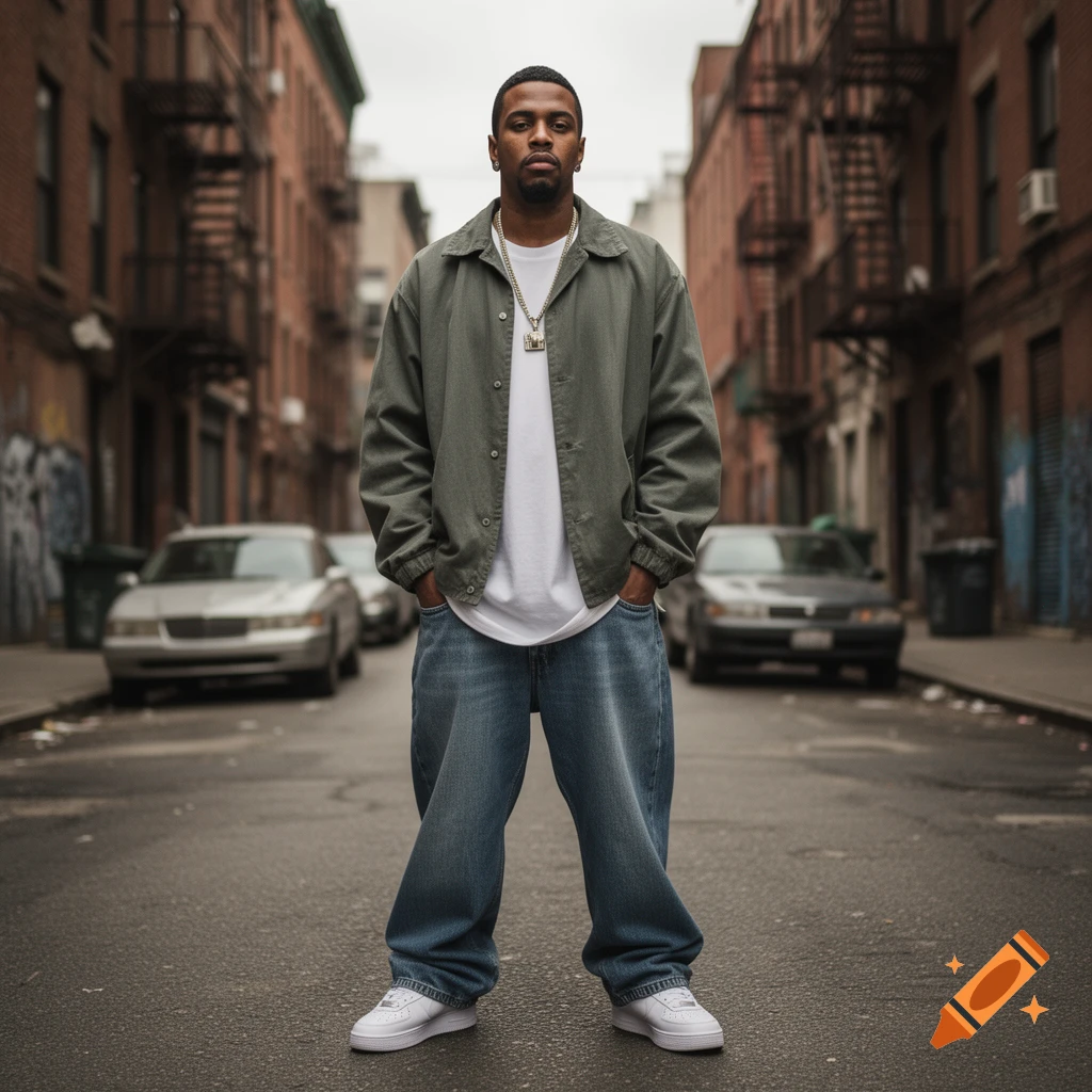 Photorealistic full-body portrait of a man standing in the middle of a city street lined with brick apartment buildings.