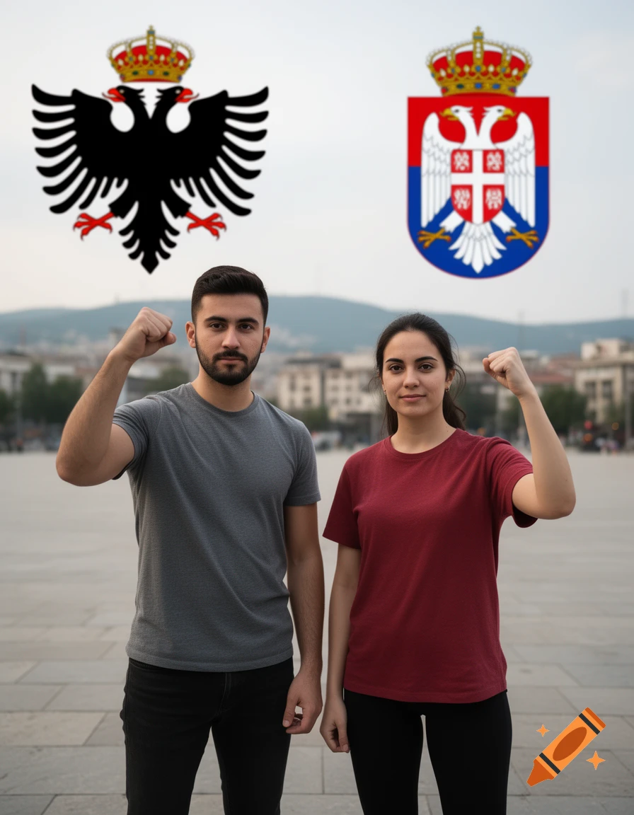 Photorealistic image of a man and a woman raising their fists in front of Albanian and Serbian flags.