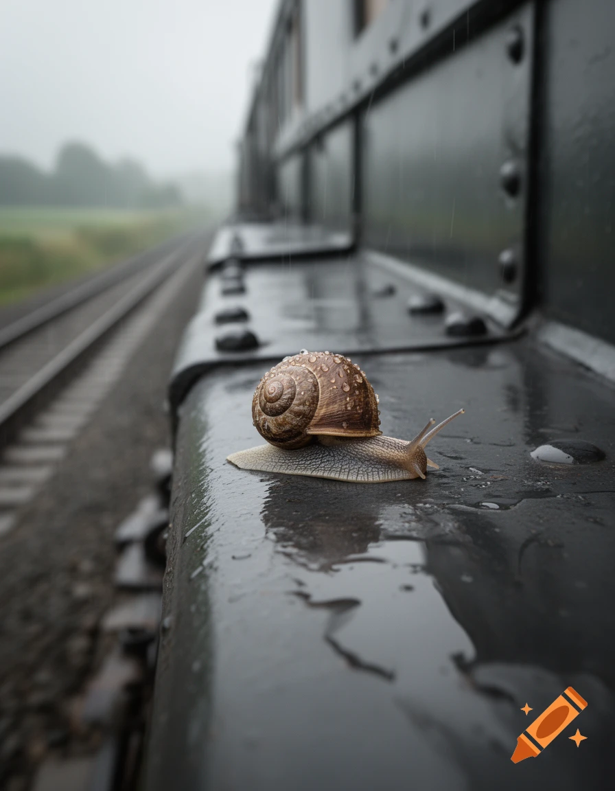 A close-up photorealistic image of a snail with water droplets on its shell, crawling on the wet metallic surface of a train in the rain.