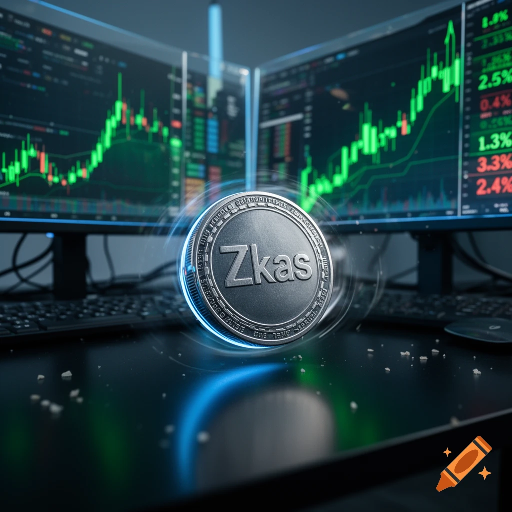 Photorealistic 3D rendering of a Zkas crypto coin floating in front of computer monitors displaying trading charts.