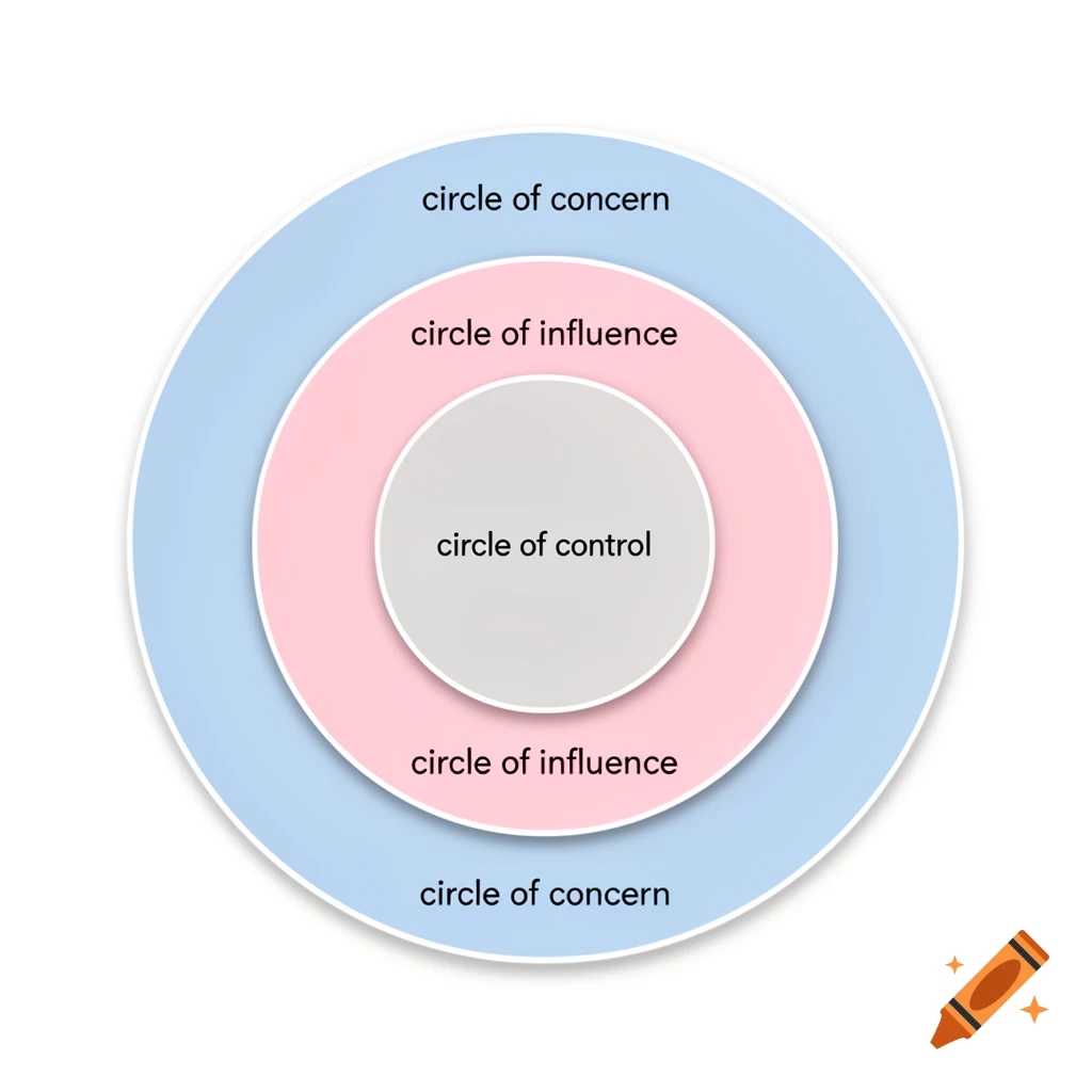 Diagram of three concentric circles representing circle of concern, circle of influence, and circle of control.