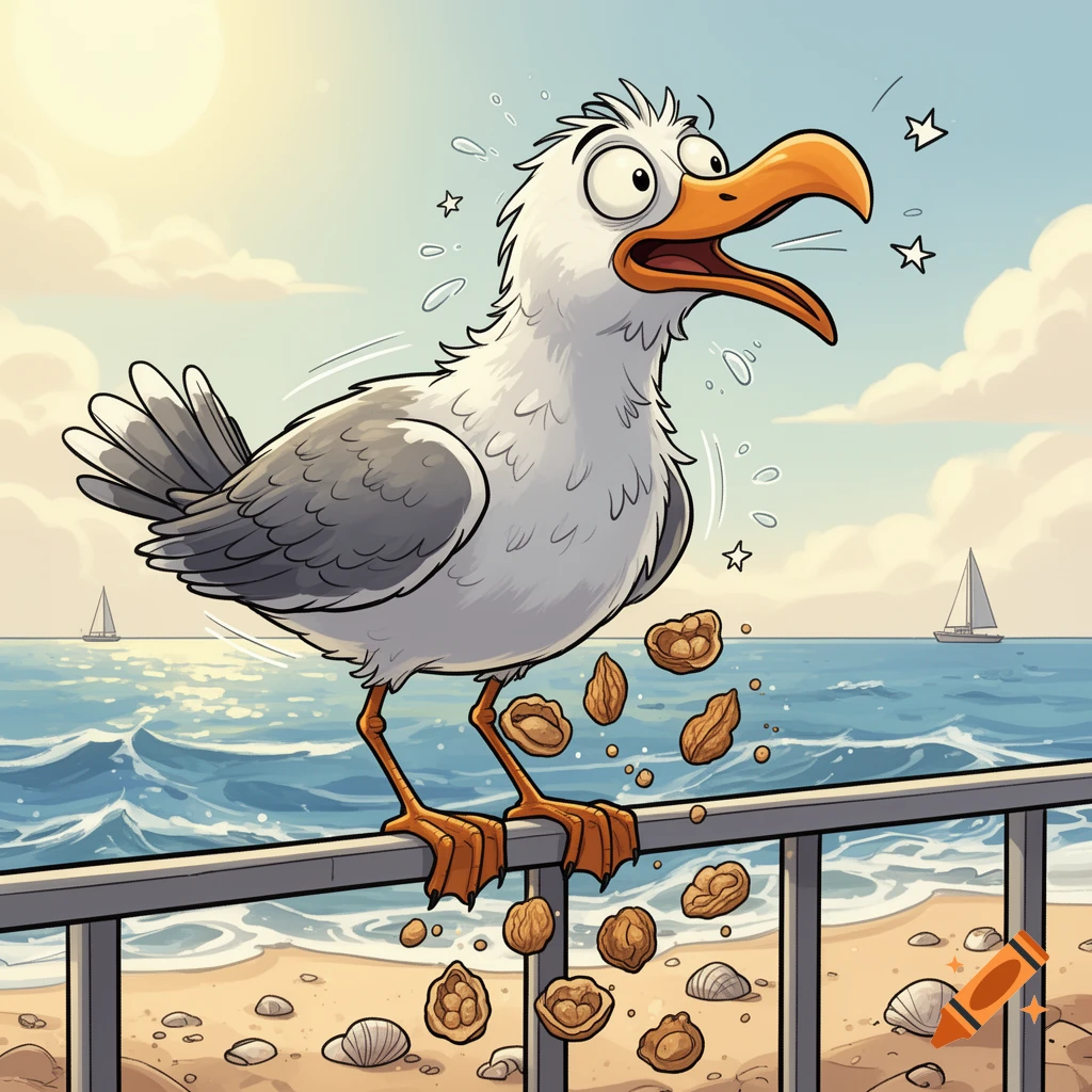 Comic illustration of a surprised seagull standing on a railing by the sea, dropping nuts.