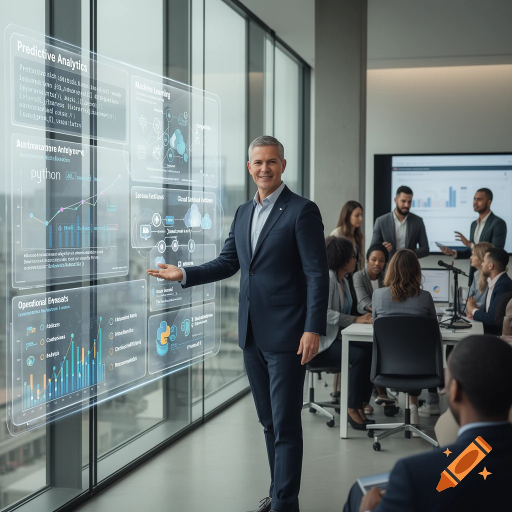 A business professional presenting data analytics and machine learning dashboards in a modern office.