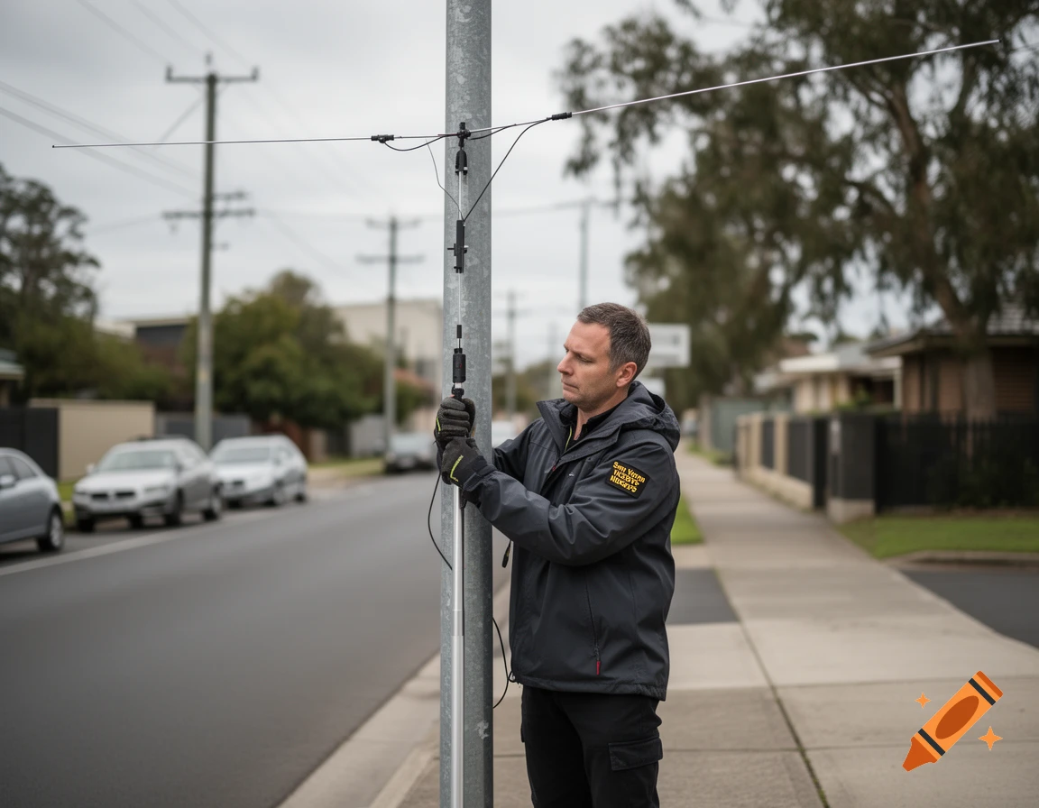 A man in a dark jacket with a patch is installing a dipole antenna on a street lamp in a residential neighborhood.