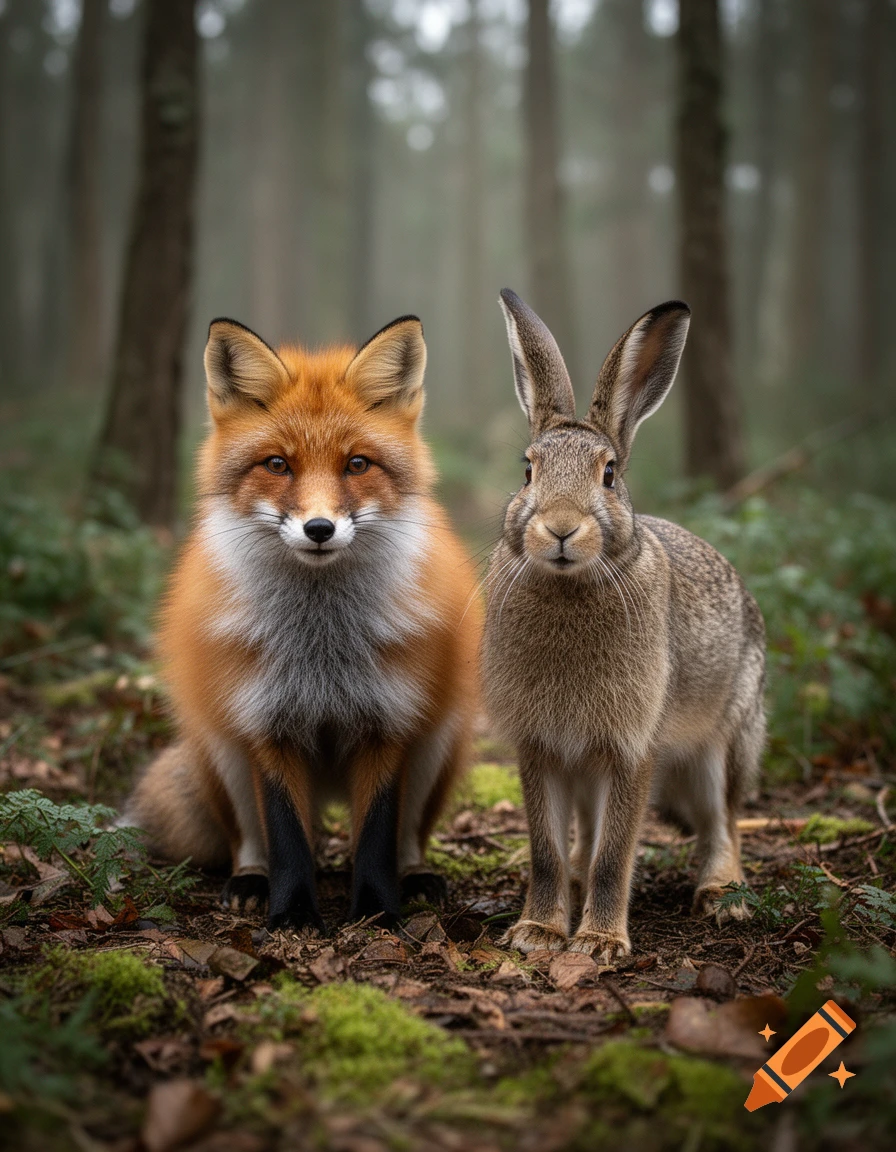 Photorealistic image of a red fox and a hare standing together in a misty forest.