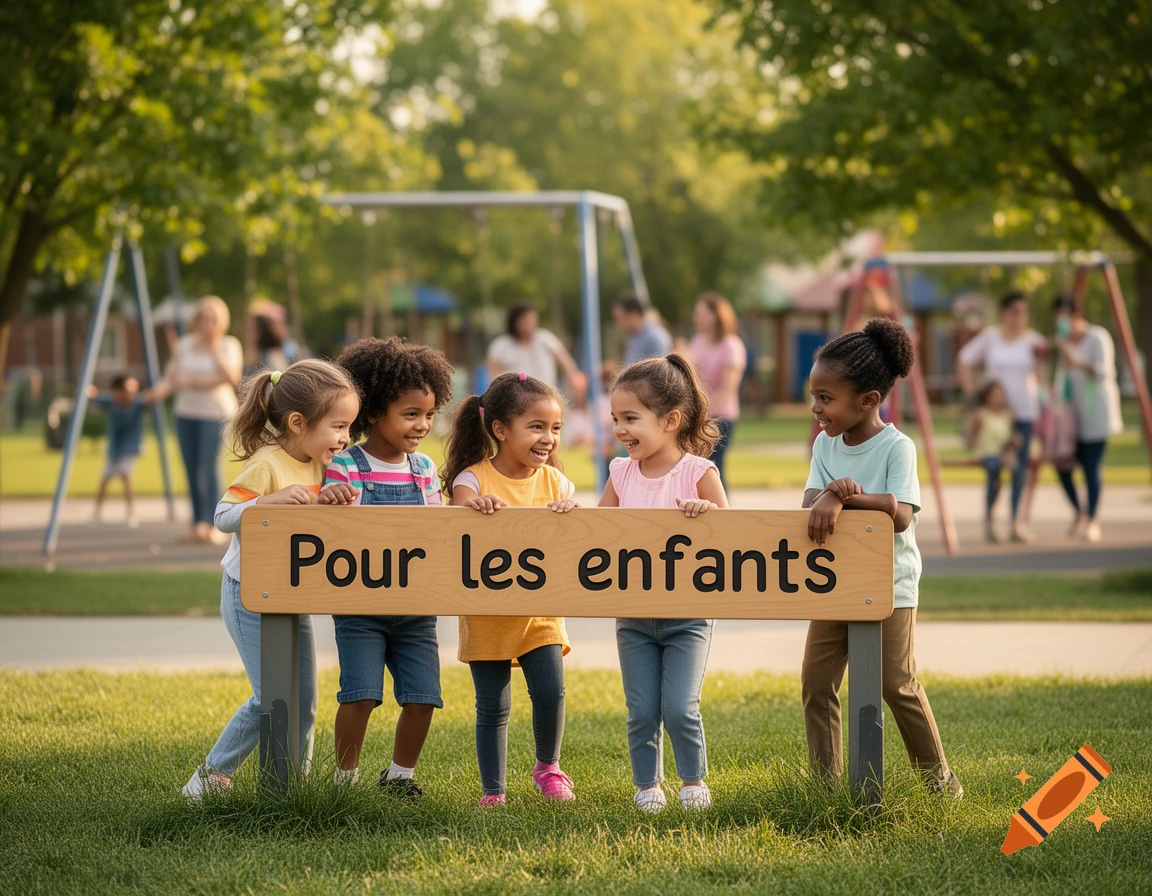 Five diverse children smiling while holding a wooden sign that reads Pour les enfants in a sunny playground setting.