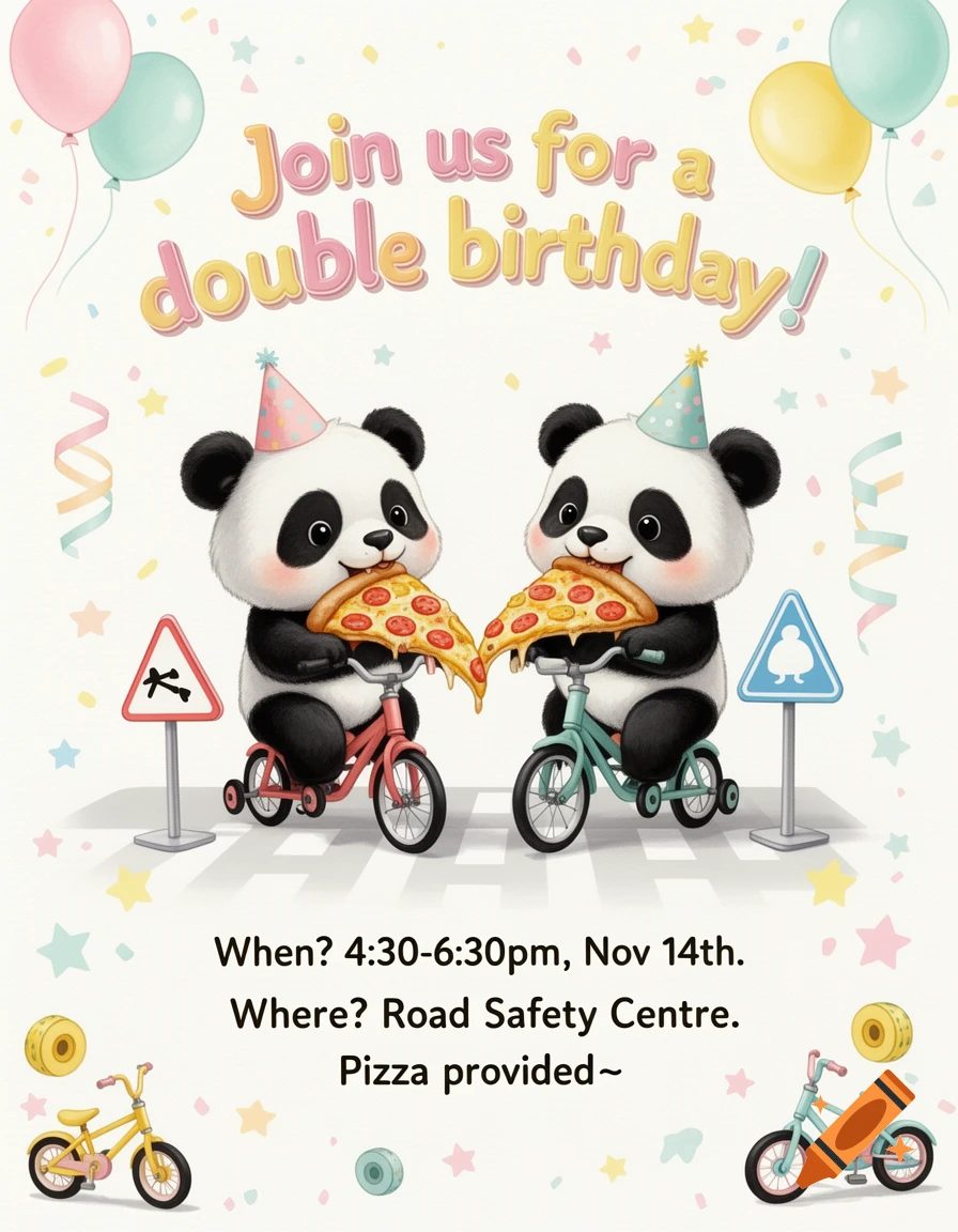 Digital illustration of two cute pandas wearing party hats while riding bicycles and eating pizza, with birthday invitation text.