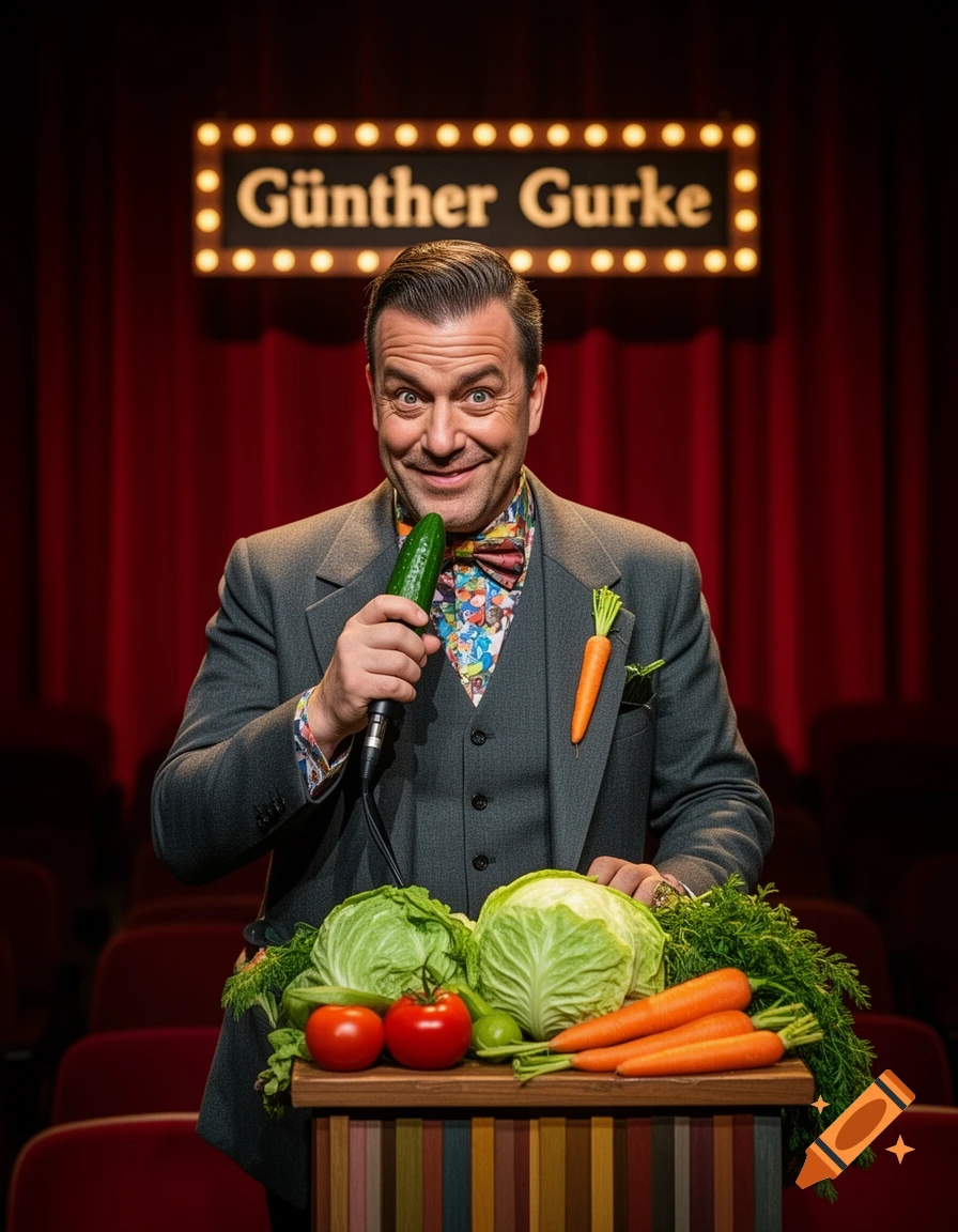 Photorealistic portrait of a cabaret artist named Günther Gurke holding a cucumber like a microphone behind a table of fresh vegetables on stage.