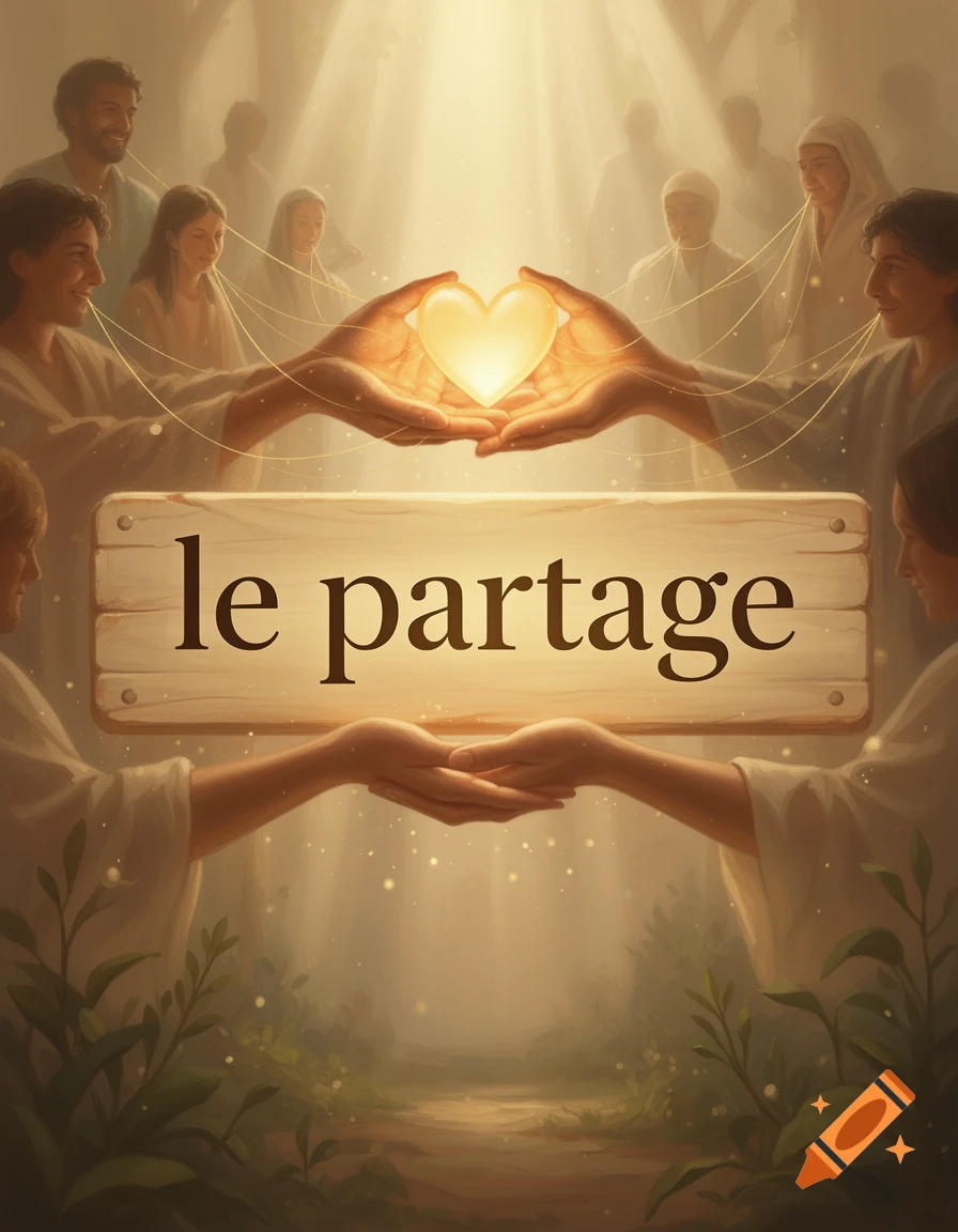 Digital illustration of people gathered together holding hands and a glowing heart above a sign that reads 'le partage'.