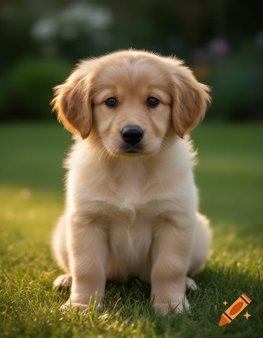 A photorealistic close-up portrait of a cute golden retriever puppy sitting on green grass.