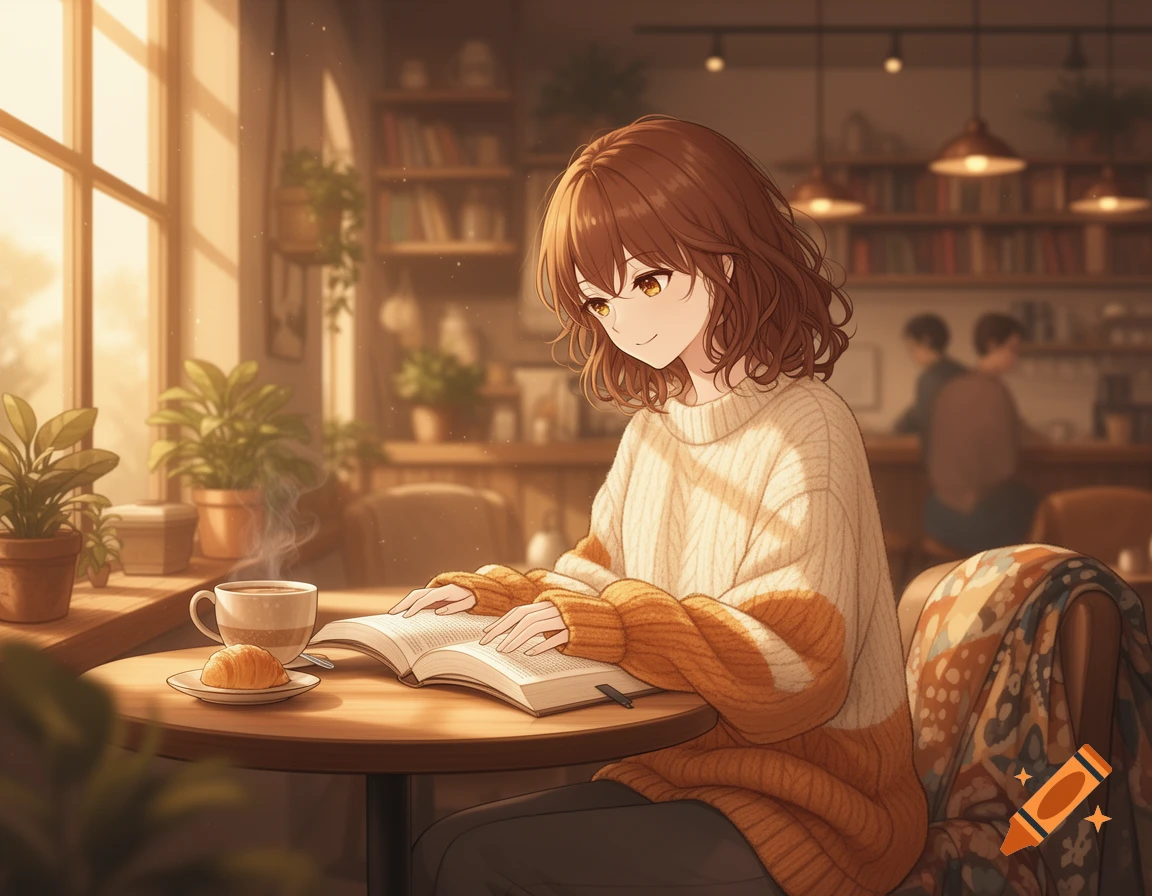 Anime-style illustration of a girl with brown hair sitting in a warm cafe, reading a book next to a cup of coffee.